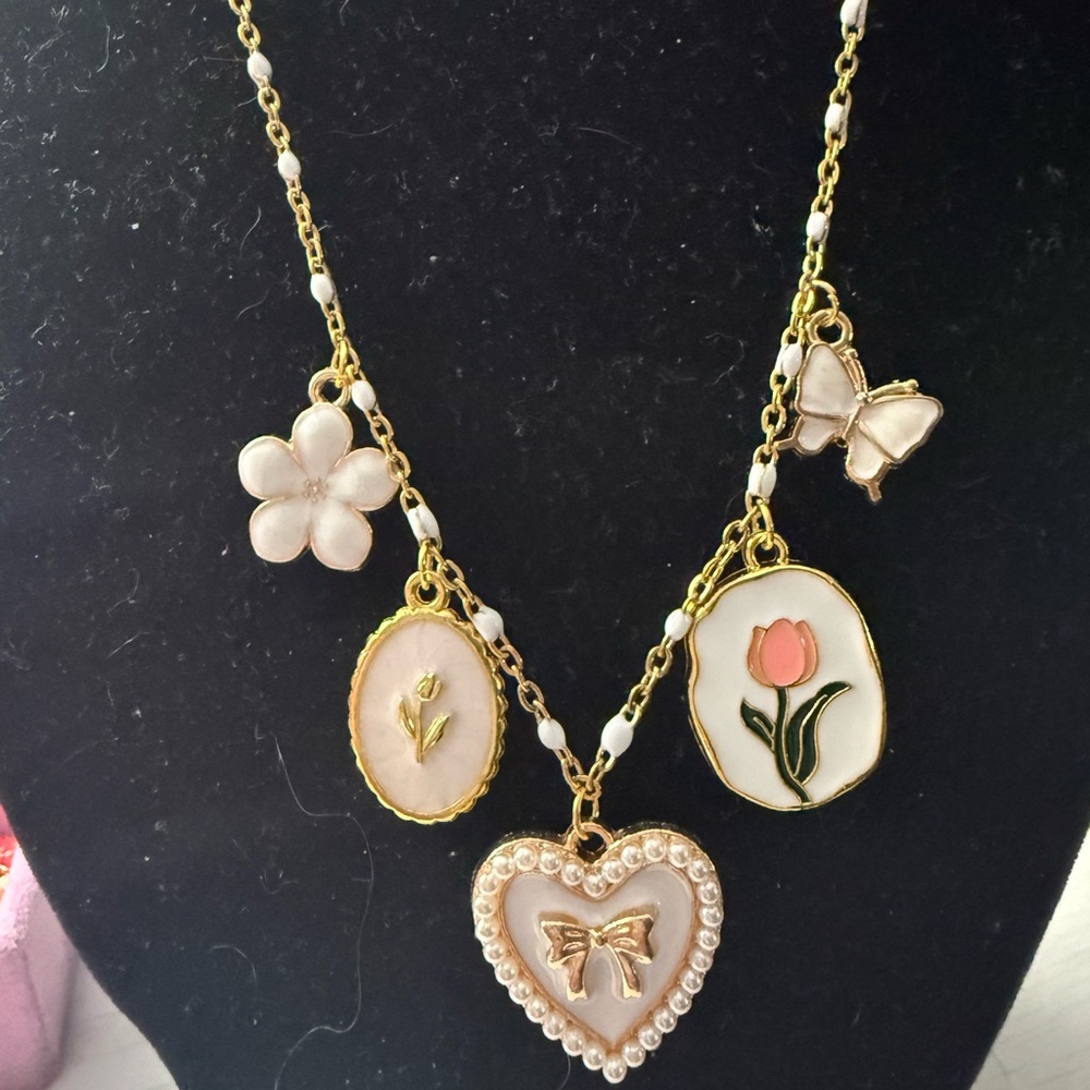 Hand Made, 18k Gold Plated Charm Necklace with Floral Accents - Picture 2 of 4